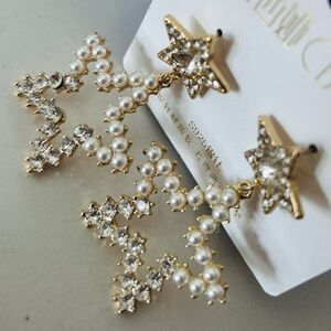 Trendy Stylish Gold and Silver Star Faux Pearl Dangle Drop Fashion Earrings 2.3"